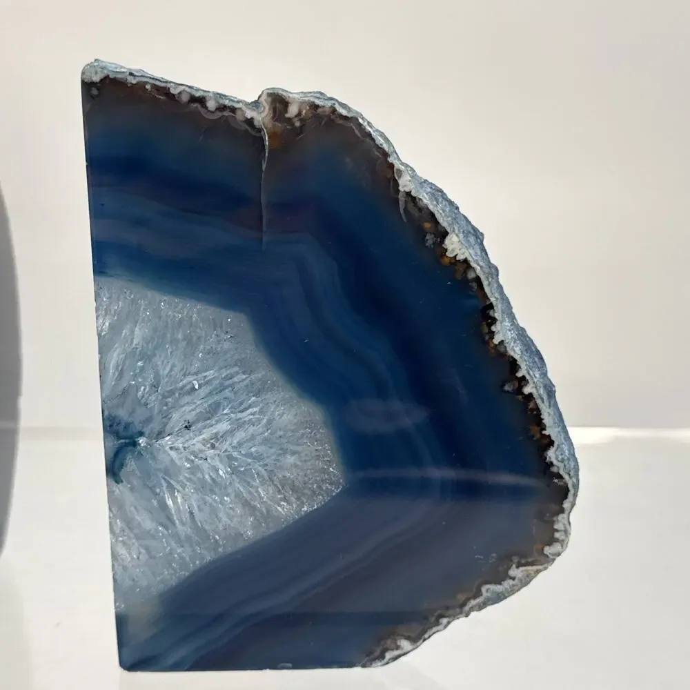 1 Pair 5.25” Polished Blue Brazilian Agate Geodes Bookends W/Beautiful Crystals